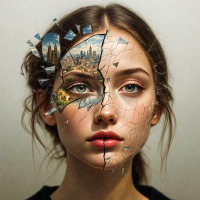 The primary subject of the image is a woman with a unique and artistic appearance. She has a picture of a city skyline on her face, with the skyline appearing as a collage of different images. The setting is a close-up of the woman's face, and the visual style is a combination of digital art and illustration. The colors and mood of the image are vibrant and creative, with the woman's face serving as a canvas for the city skyline artwork.